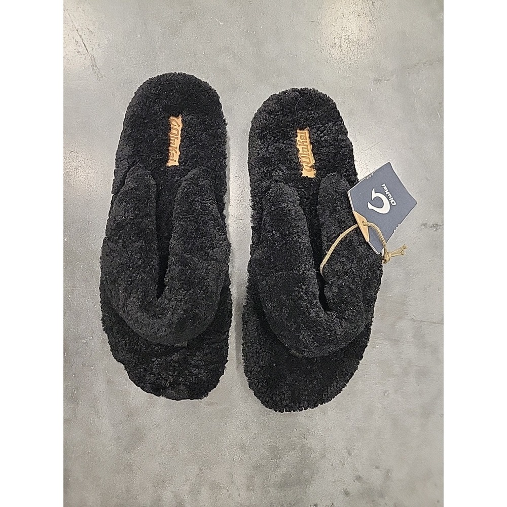 OluKai Kipe A Heu Womens 8 Black Wool Shearling Slippers Fuzzy Cozy Sandal